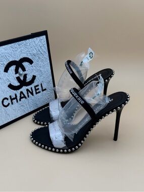 🚩steal Alexander Wang Black Pearl-Trim Clear Strap Stiletto Sandals